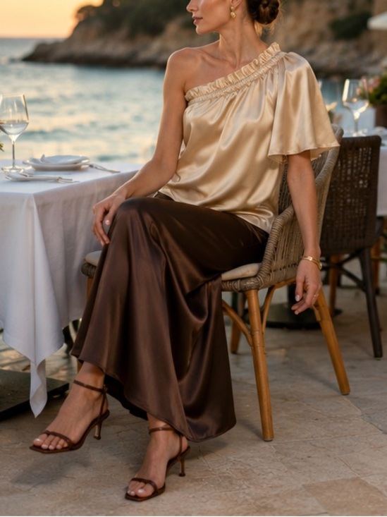 St. John Tops - St. John Liquid Silk Asymmetric Top One Shoulder
Blouse Champagne Gold Sz 6
